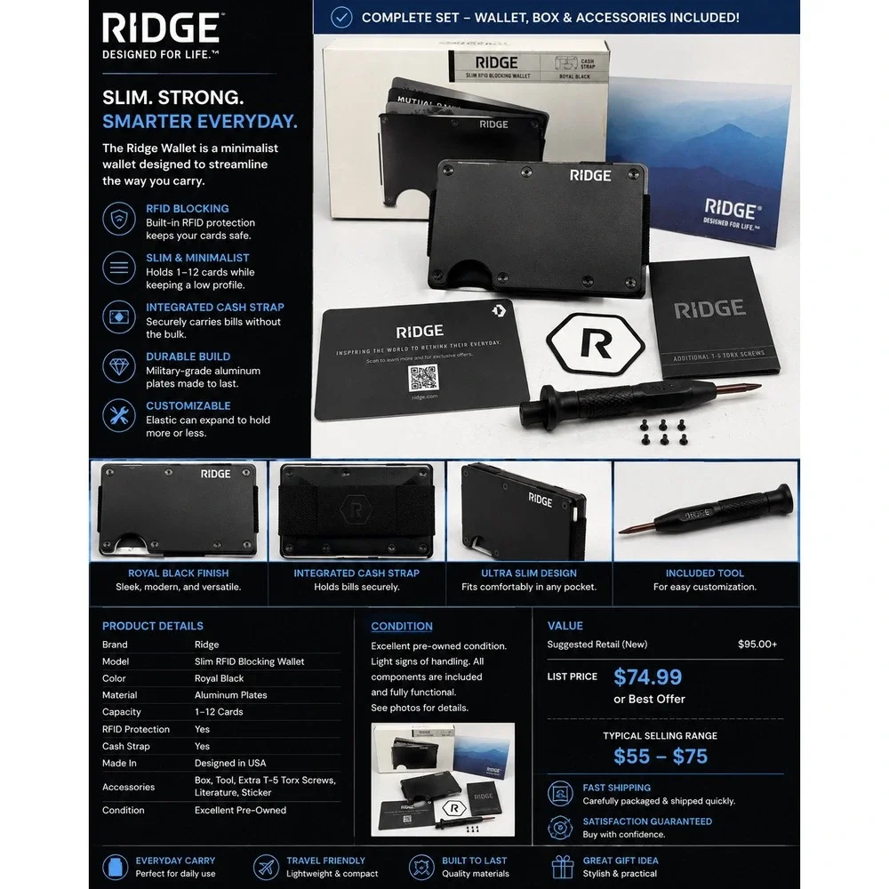 Ridge Wallet Royal Black Slim RFID Blocking Metal Wallet Cash Strap Box & Tool